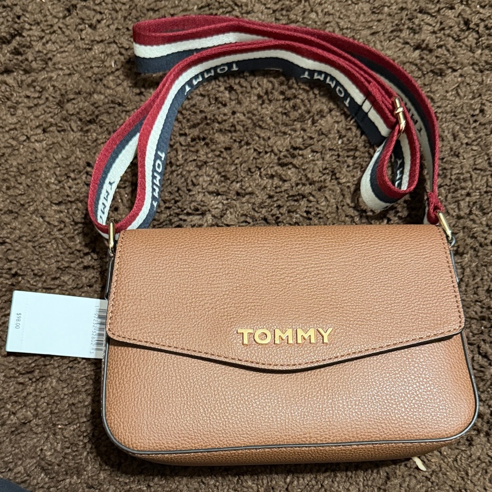 Tommy Hilfiger Tan Crossbody Bag with Red and Blue Strap